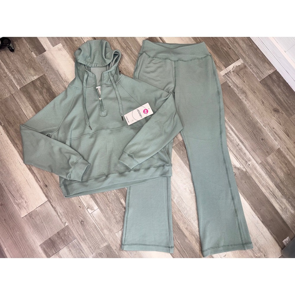 Jockey 2 Piece Lounge Set Women Green Wavy Rib Half Zip Hoodie Bootleg Pant M